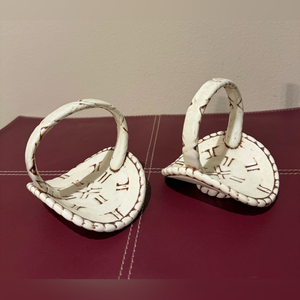 Two Vintage Cream and Brown Ceramic Braided Edge Mini Baskets
